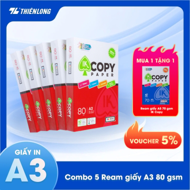 Combo 5 Ream giấy A3 80 gsm IK Copy (500 tờ) - Hàng nhập khẩu Indonesia